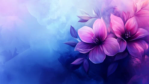 Purple flowers bloom against blue gradient background