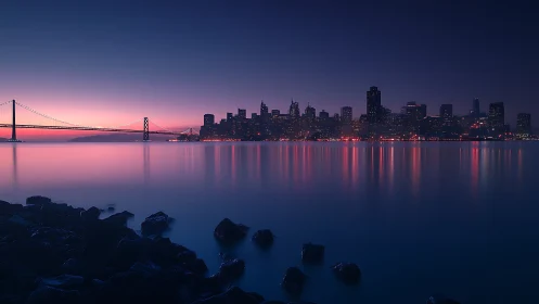 Gentle twilight skyline glowing softly across calm water.