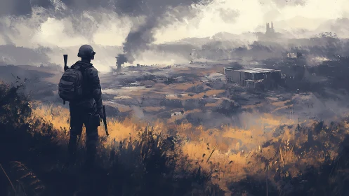 Lone wanderer overlooking a smoky, war torn valley at dusk.