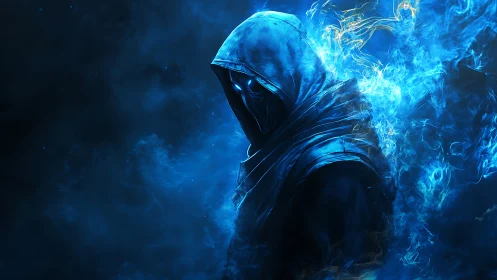 Hooded spectral assassin shrouded in electric blue fire.