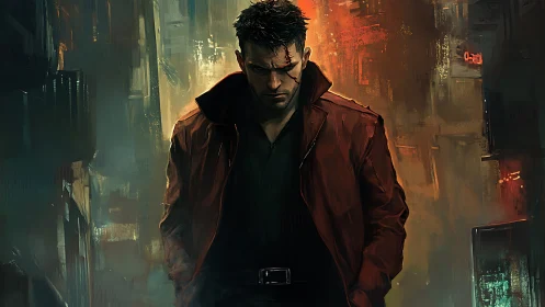 Brooding wounded man walks through moody neon city alley