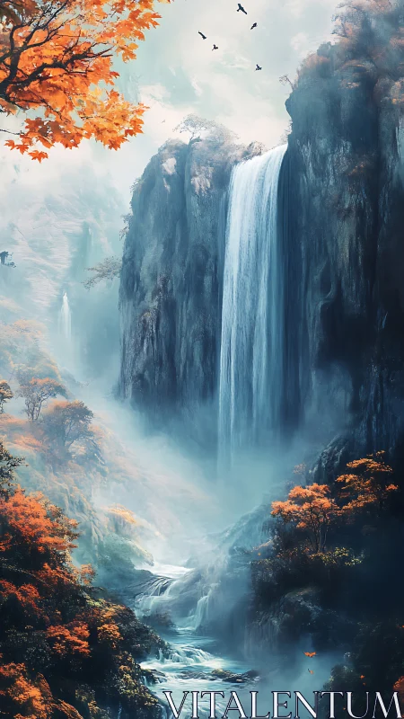Mystic autumn canyon with towering waterfall and misty river.