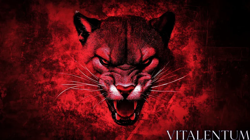 Fierce Cougar Snarling Against Crimson Background.