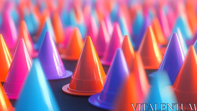 Vibrant neon traffic cones in a colorful abstract pattern.