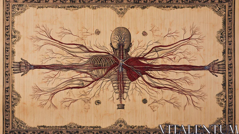 Anatomical human figure unfurls like a tapestry of veins