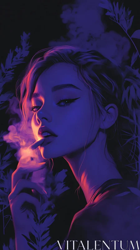 Neon lit woman portrait in violet smoke and foliage.