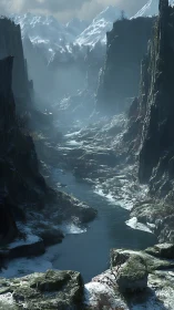 Snowy mountain gorge with winding river in cold light.