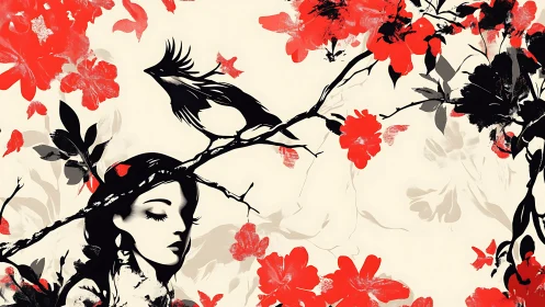 Stylized female profile with bird on branch and red florals.