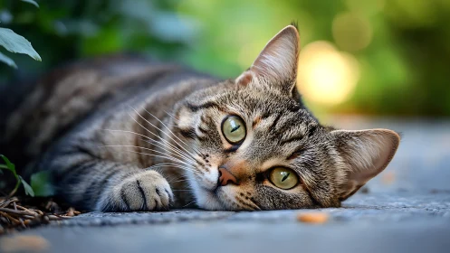 Tabby Cat Lying Down on Pavement with Intense Gaze