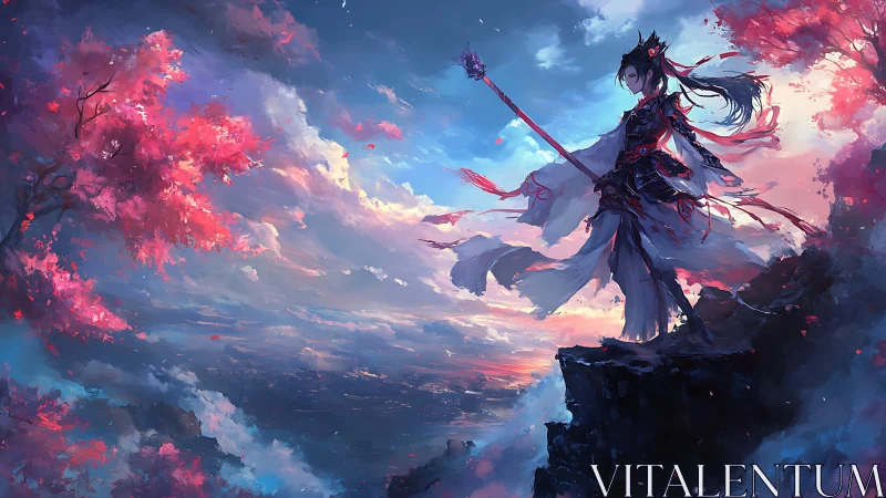 Warrior mage stands on cliff edge above glowing valley