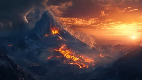 Volcanic mountain ridge glows with lava at sunset light