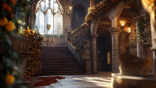 Golden-lit castle staircase dressed in warm autumn garlands.