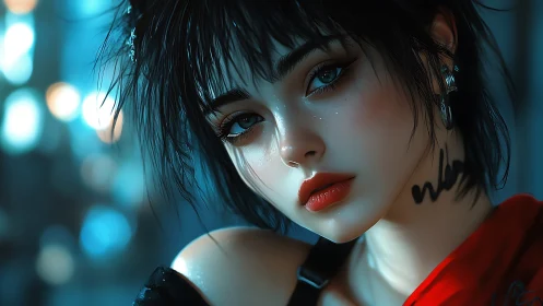 Moody cyberpunk girl gazes into neon light with quiet longing