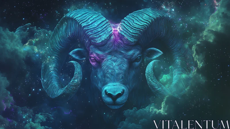 Ram head rendered in luminous nebula-like cosmic environment
