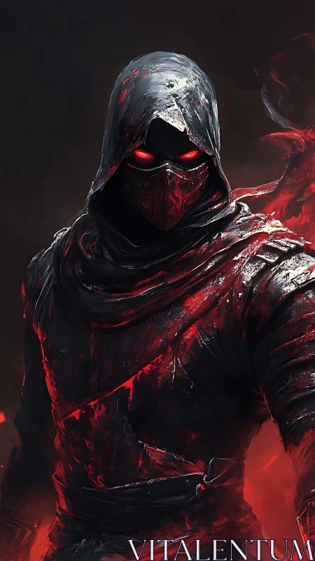 Hooded spectral warrior with emissive red eyes in dynamic glow