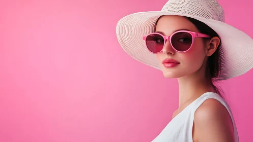Stylish woman in pink sunglasses poses before vivid backdrop