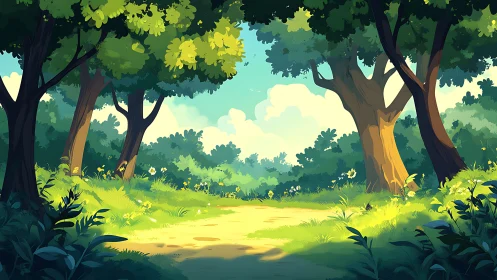 Sunlit Forest Clearing With Ancient Trees.