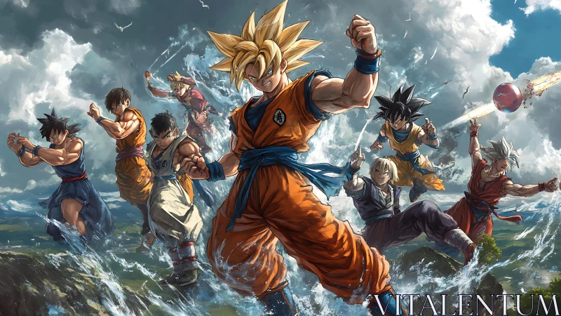 Multiple martial artists advance across water in dynamic formation