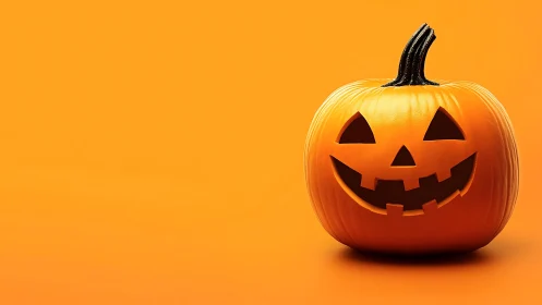 Smiling jack-o-lantern on monochrome orange studio backdrop.