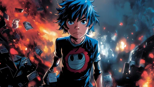 Rebel blue‑haired kid stalking through comic book firestorm.