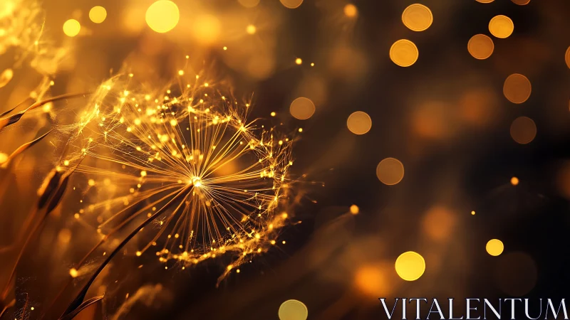 Luminous dandelion seedhead with golden macro bokeh glow.