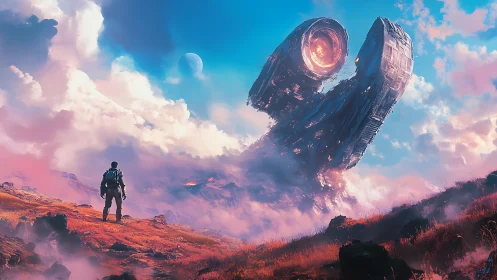 Solitary astronaut observing tilted starship on alien plateau.