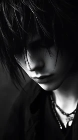 Monochrome close-up of androgynous figure with downcast gaze.