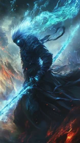 Frostfire wraith knight strides through stormlit oblivion.