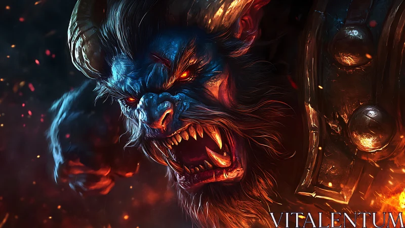 Fierce horned demon roars amid blazing sparks and swirling fire