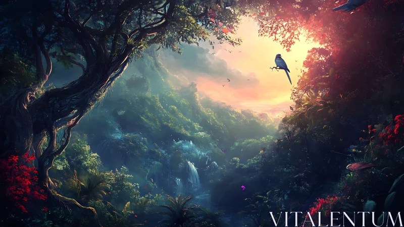 Luminous jungle valley with waterfalls and silhouetted birds.