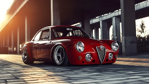 Low-slung red retro sports car glows in golden sunset.