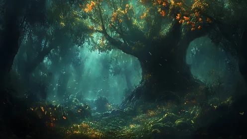 Enchanted Forest Cavern With Glowing Light.