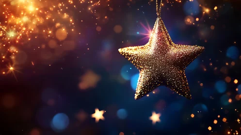 Glittering golden star ornament glows in festive night bokeh