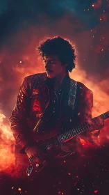Electric guitarist in red jacket amid dense smoke and sparks.