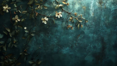 White Flowers on Textured Teal Surface with Decay