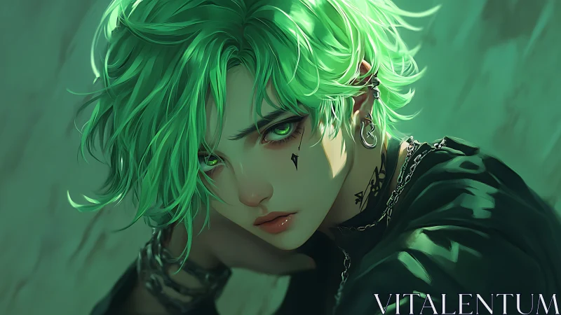 Green haired androgynous character with intense stare.
