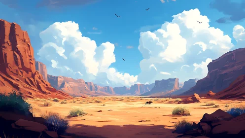 Lone rider crosses vast desert canyon under towering clouds