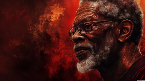 Digital portrait of elder man with red abstract backdrop.