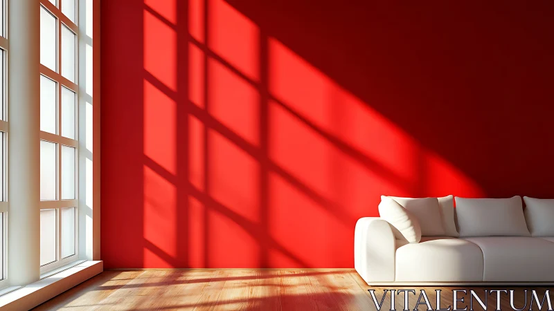 Strong raking sunlight projects window grid shadows on red wall