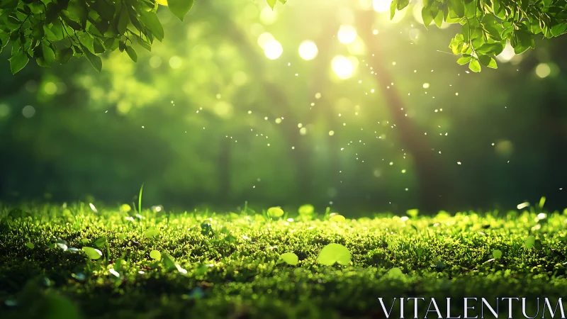 Sunlit Moss Landscape with Bokeh Light Particles