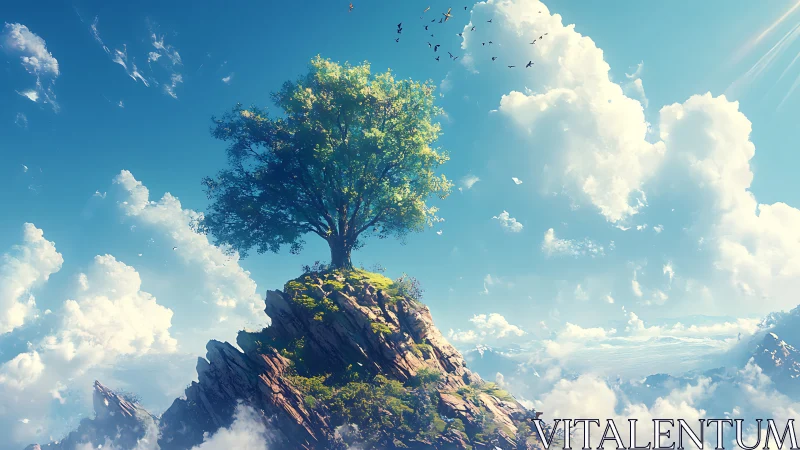 Solitary Tree on Rocky Peak Above Cloud Layer