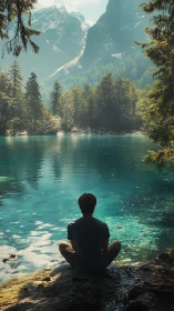 Backlit figure observes turquoise alpine lake under diffuse haze