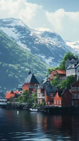 Cozy fjord village resting beneath sunlit snowy peaks.