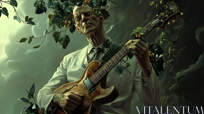 Elderly guitarist merges with lush foliage in dark surreal forest
