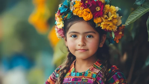 Young girl wearing vibrant flower crown in traditional textile.
