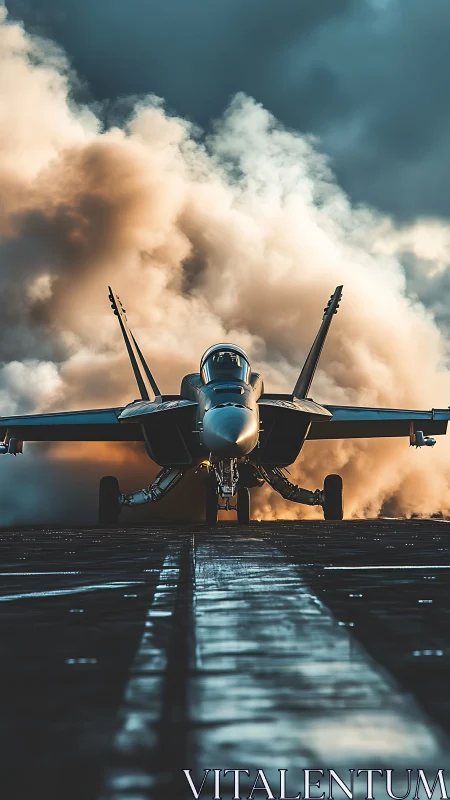 Carrier-based strike fighter igniting catapult steam plume.