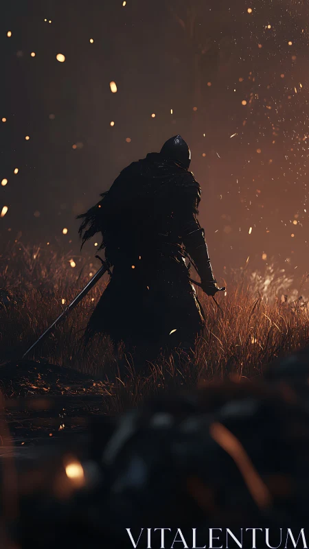 Lone dark knight advances through embers and twilight fields.