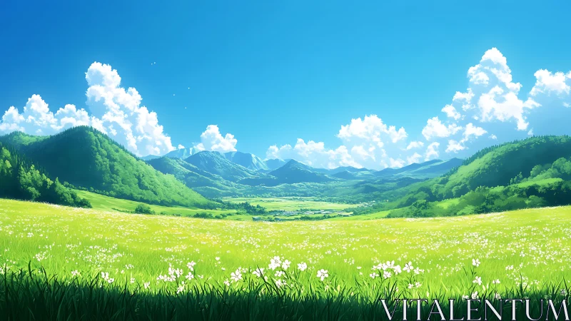 Sunlit alpine meadow with distant blue mountain ranges.