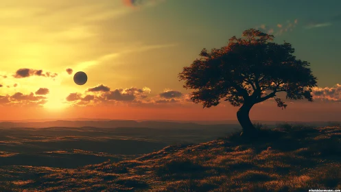 Backlit lone tree silhouettes against volumetric sunset sphere