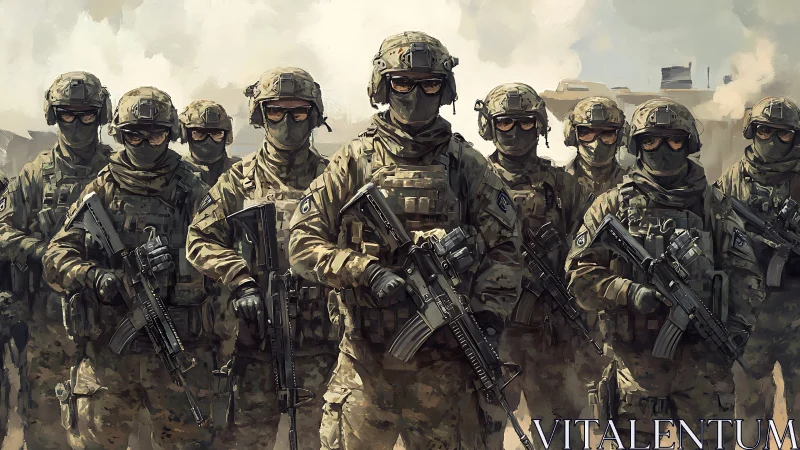 Digital painting of tactical infantry squad in desert theater.